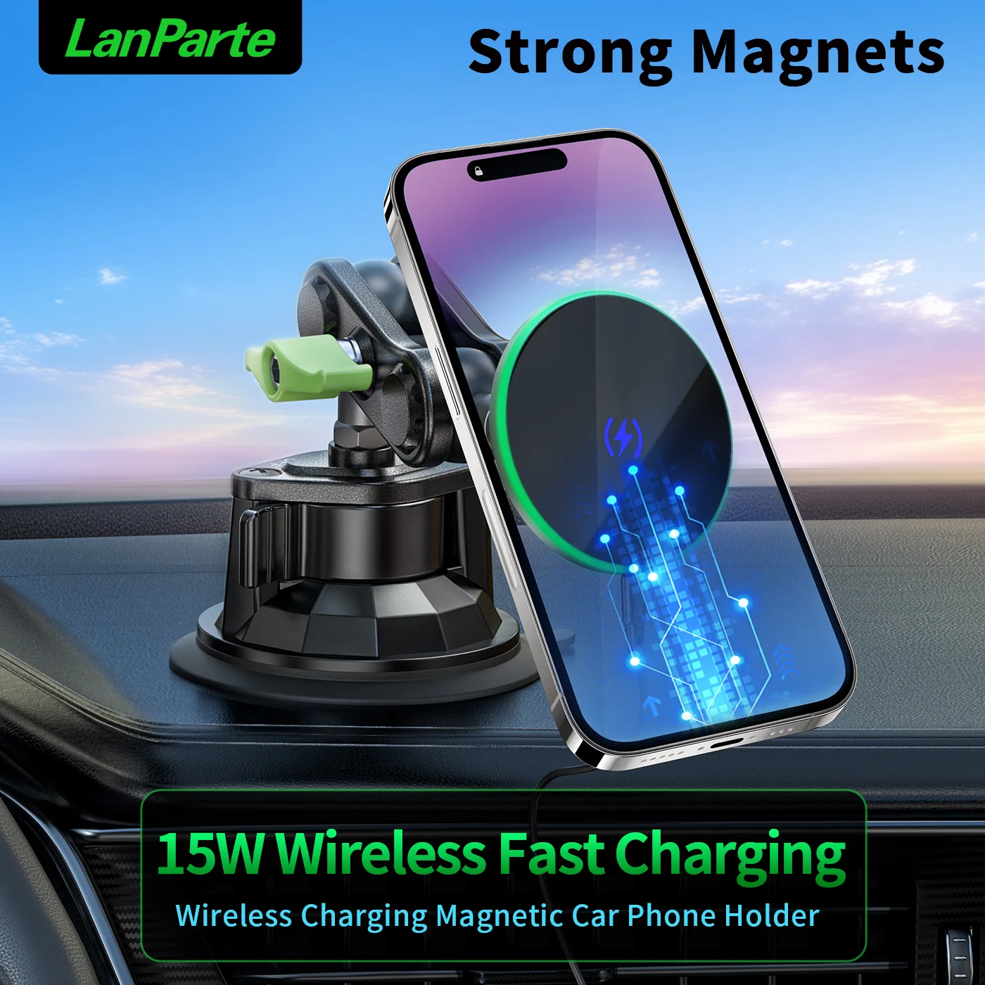 15W Super Fast Wireless Charger Magnetic Car Mobile Phone Holders RGB Light Magnetic Suction Mount 360 Degree Rotation