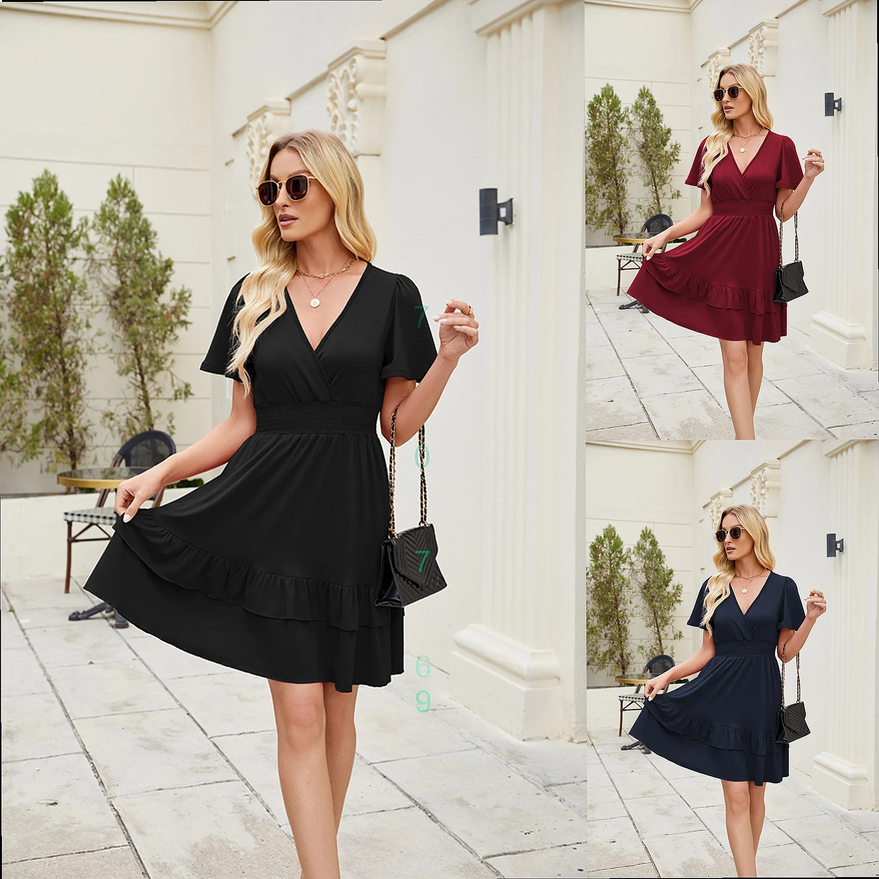 

Summer Women Elegant Ruffle Hem Flutter Sleeve Cross V Neck Dress Dresses Casual Jumpsuit Playsuit