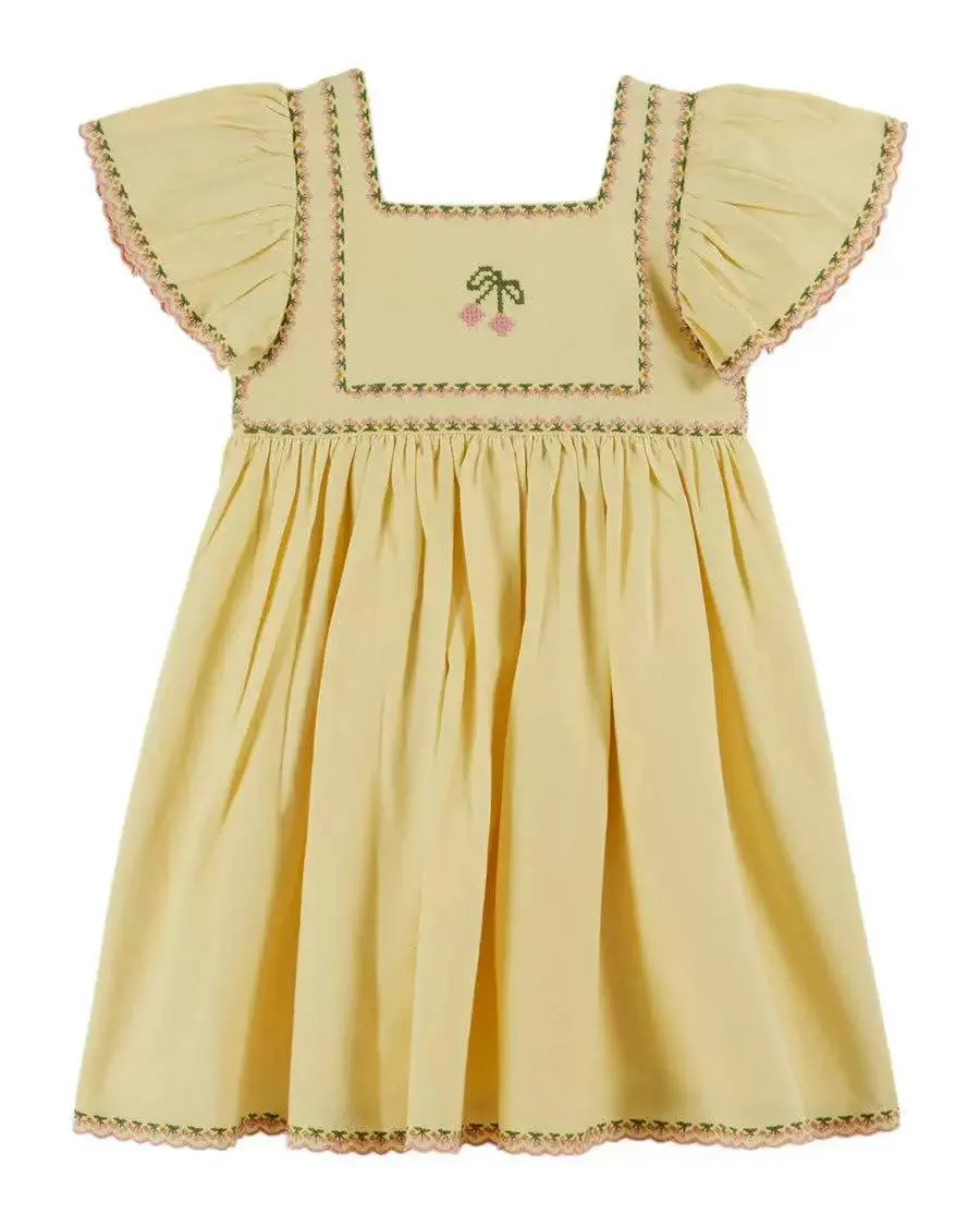 2026 Summer Embroidered Flowers Girl Denim Dress Pleated Kids Short Sleeve Princess Dresses Clothes