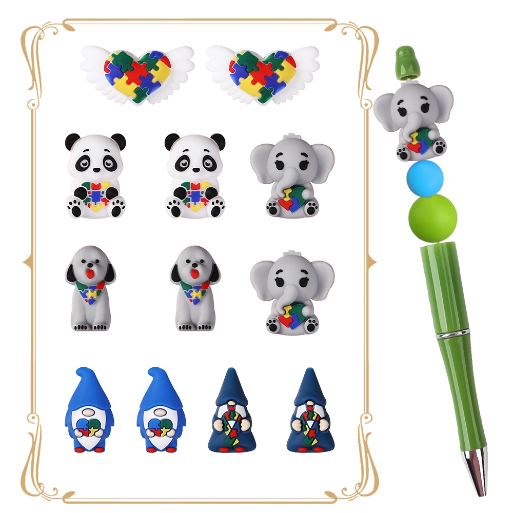 6/12pcs Autism Themed Silicone Beads Love Puzzle Design Animal Focal Bead DIY Keychains Jewelry Bracelets Necklaces Crafting Kit