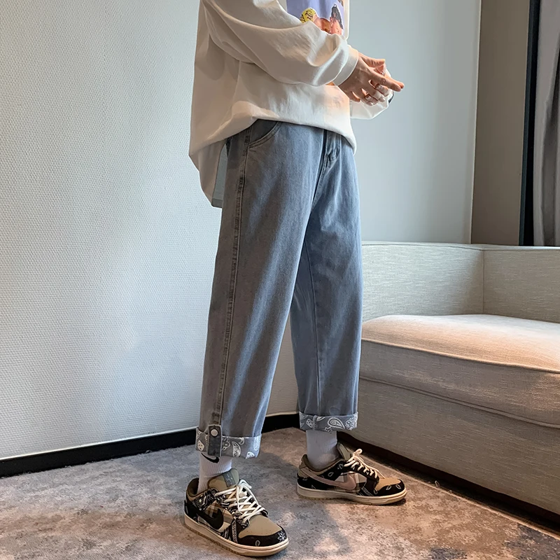 

Trendy Loose Straight Leg Men's Jeans Autumn Winter Casual Hong Kong Sle Wide Leg Pants Chic Retro Cuffed Trousers