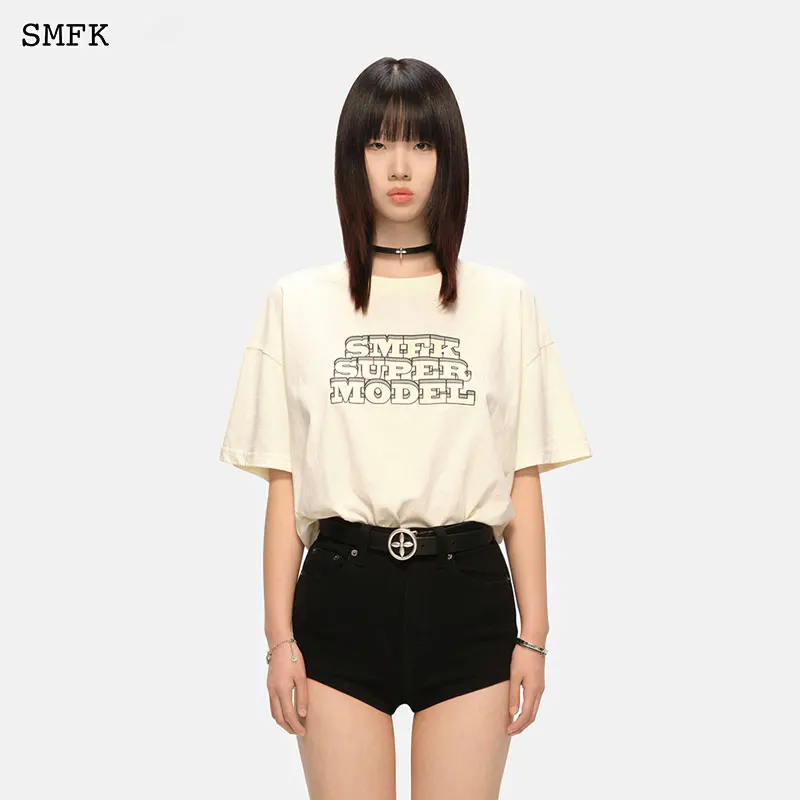 SMFK Letter Printing T-shirts Vintage Washed Street Short Sleeve for Men and Women Summer Oversized Couple Short Tops Cotton Tee