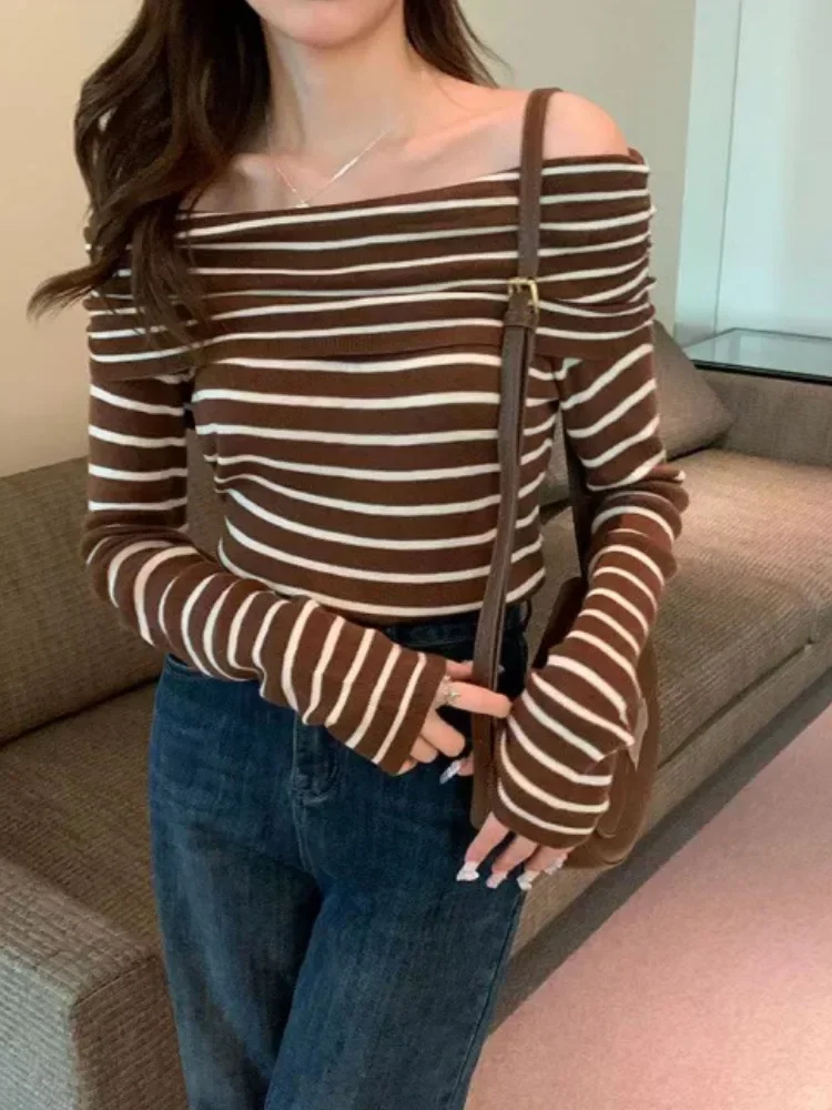 

Осенняя новая женская одежда, футболки в полоску с разрезом 2024, Ropa Mujer, облегающие футболки с длинными рукавами, модная повседневная футболка Y2k, простые топы