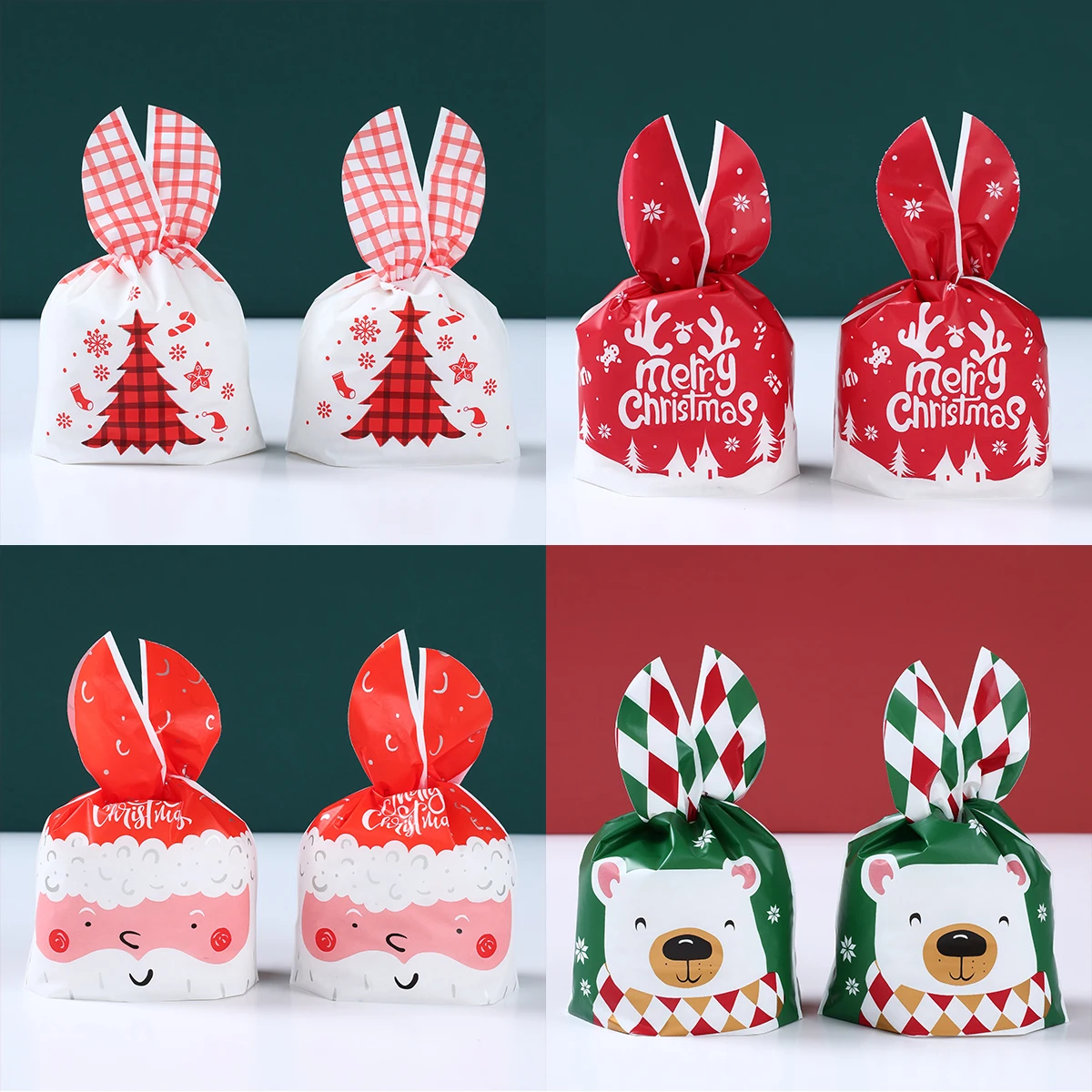 50pcs Christmas Themed Cartoon Rabbit Ears Plastic Gift Bags Santa Claus Patterned Goodie Bags for Holiday Treats Christmas Gift