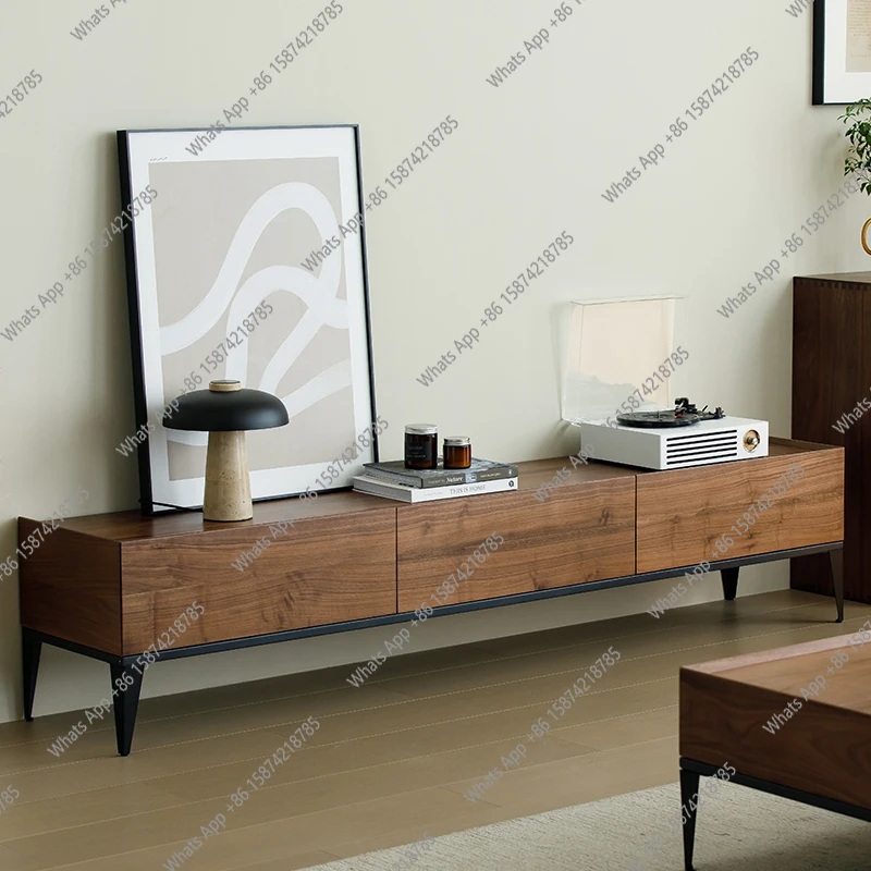 

North American black walnut TV cabinet with lighting Nordic all solid wood living room floor-to-ceiling audio-visual cabinet