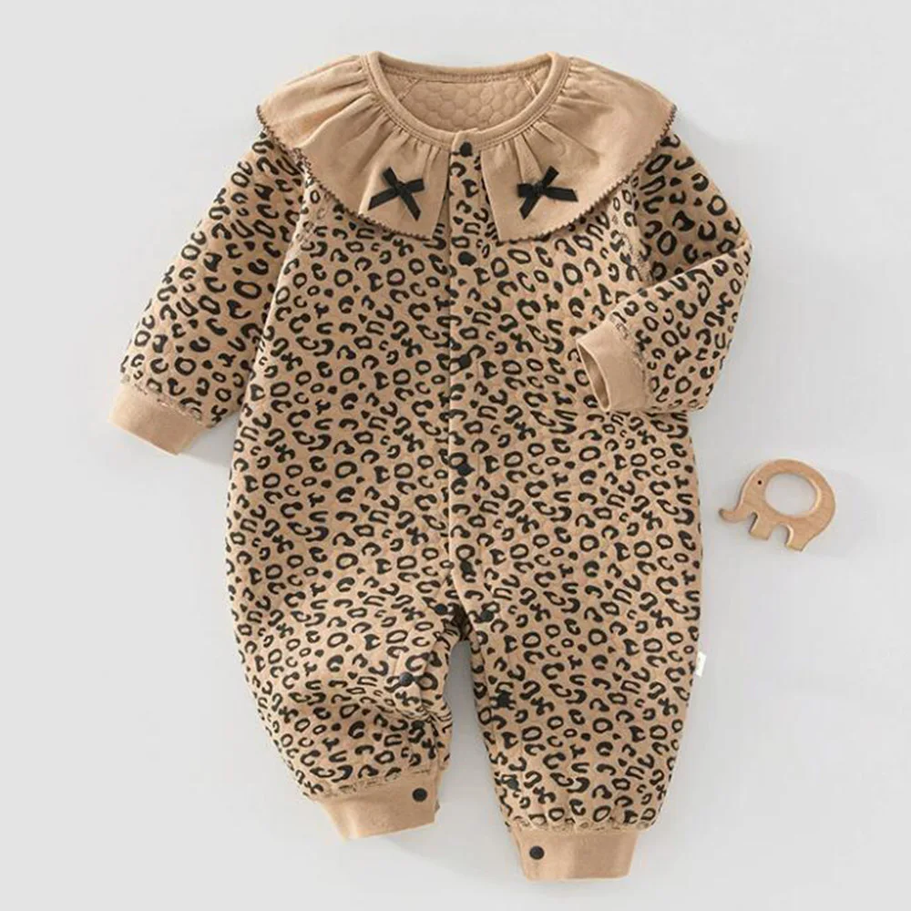 Baby Girl Romper Long Sleeve Quilted Warm Autumn Winter Infant Boutique Clothing Ruffles Leopard Print Princess Baby Jumpsuit