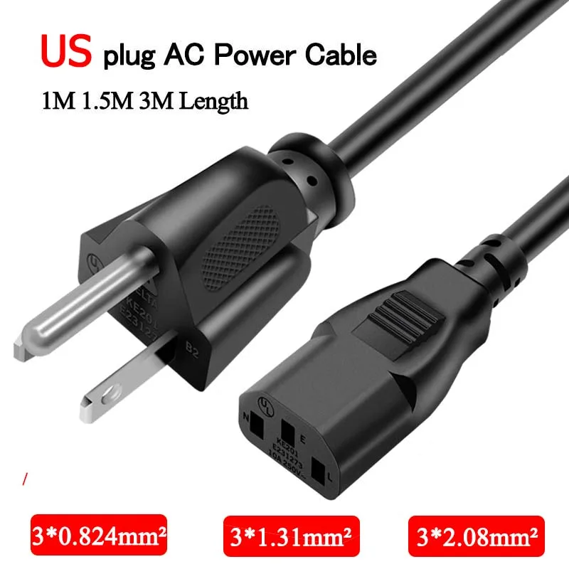 

1M 1.5M 3M AC 110V~220V Power Cable US 3-Prong Connector Electrical Wire 2500W Copper Charging Line For PC Laptop Computer TV