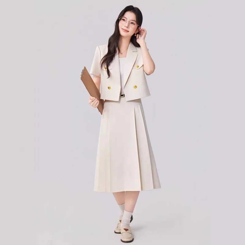 Summer short-sleeved cropped blazer with a small suit collar, women's skirt, two-piece set for petite women, cross-border profes