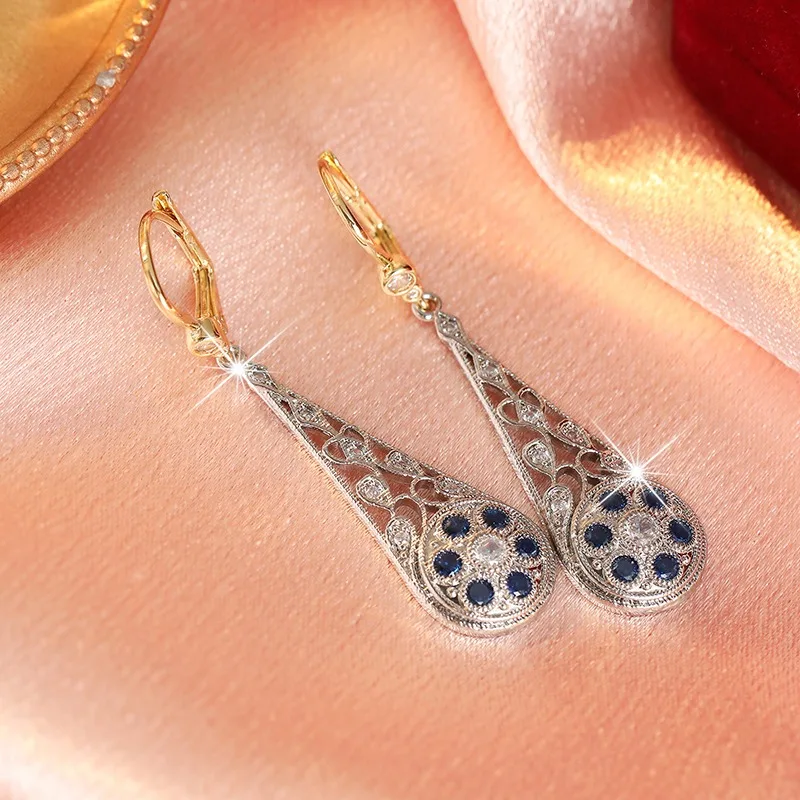 Women's Vintage Hollow Water Droplet Earrings Inlay Blue White Cubic Zircon Luxurious Ear Buckle Elegant Atmosphere Jewelry