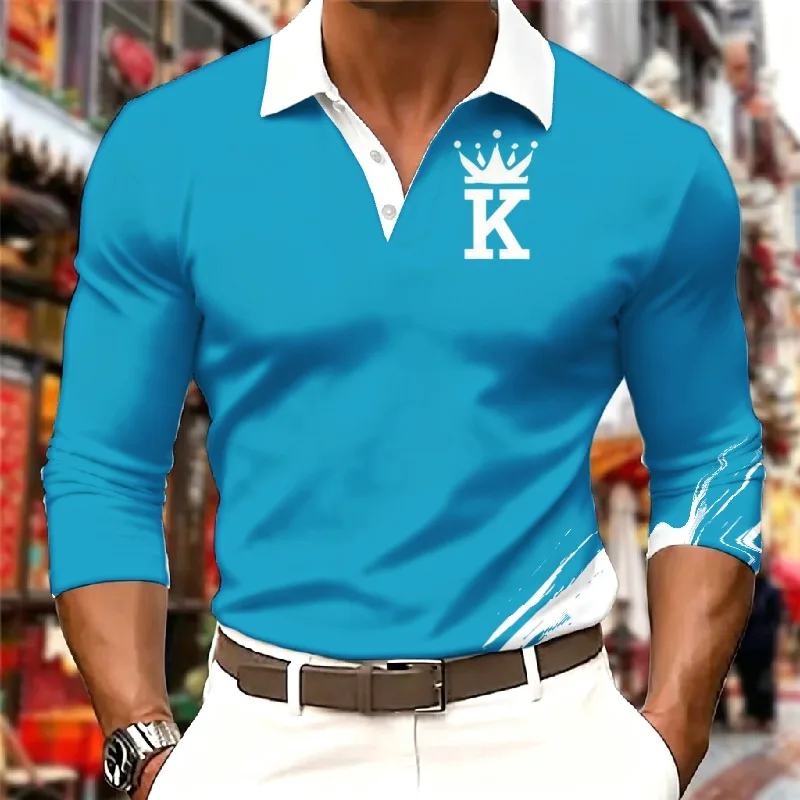 Men Crown Letter K Printed Polo Shirt Casual Button Top Fashion Graphic Tee Outdoor Clothings Oversized Long Sleeve Tunics