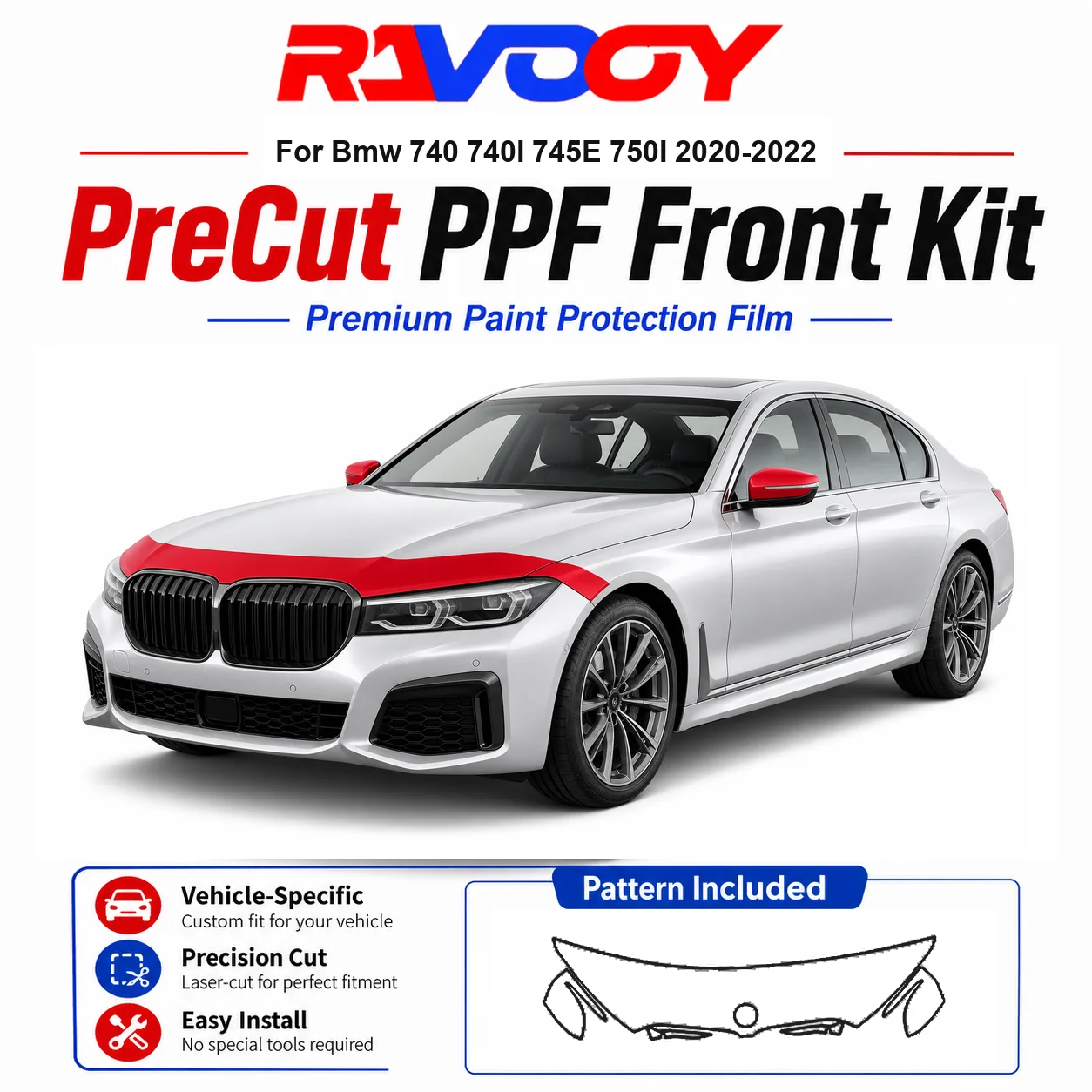 

8.5mil TPU Precut PPF Kit For BMW 740 740I 745E 750I 2020-2022 - Hood, Fenders & Mirror Set - Self-Healing Clear Bra Film