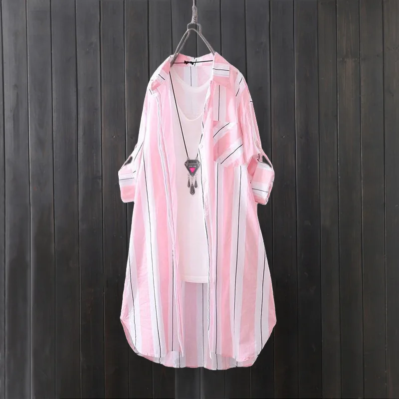 قميص شيفون نسائي معطف رقيق للحماية من الشمس بأكمام طويلة قميص فضفاض مخطط طويل مقاس كبير ملابس نسائية بلوزات نسائية