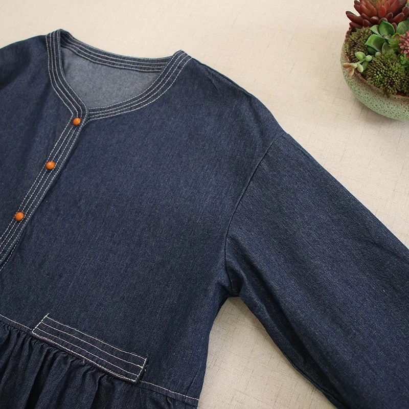 Japanese Mori Girl Vintage Denim Blue Cotton Dress Women Spring Autumn V-Neck Long Sleeve Casual Loose Jeans Dresses