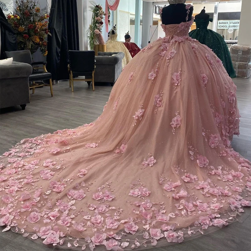 ANGELSBRIDEP-vestidos de quinceañera rosa, apliques de flores en 3D, hombros descubiertos, encaje con cuentas, vestidos de fiesta de princesa de cumpleaños, imagen Real