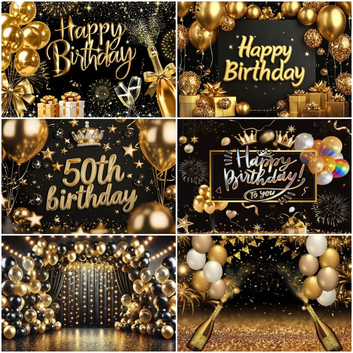 

Happy 50 60th Birthday Background Ball Stage Party Decoration Backdrop Black Gold Glitter Balloon Photography Studio Prop Bannr