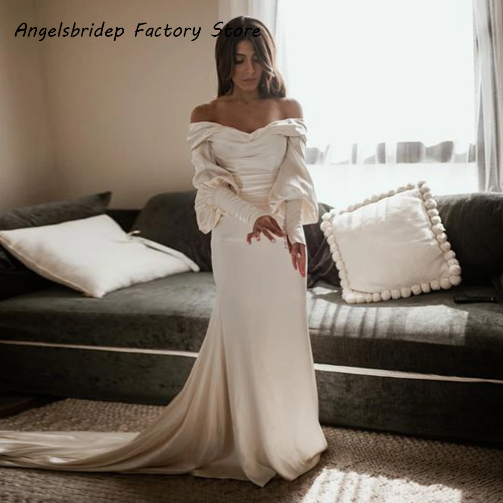 

Angelsbridep Mermaid Wedding Dress Long Sleeves Satin Bridal Gown Women Cheap Buttons Back Reception Dress 2022 Vestido De Novia