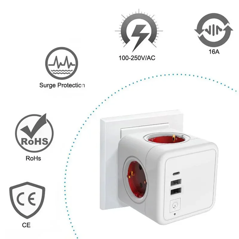 New EU Plug Multiple Power Strip Cube with 4 AC Outlets +2 USB Ports Type C Adapter 7-in-1 Plug Tee 220V Socket on/Off Switch