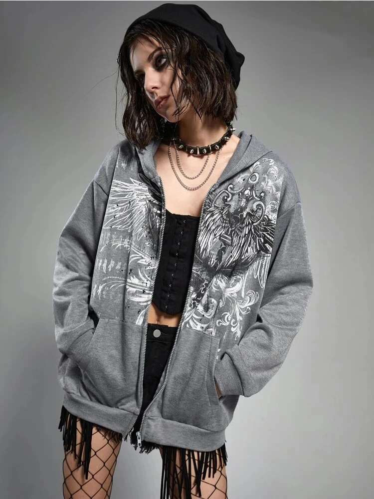 

Women Loose Fitting Y2K Hooded Sweatshirt Harajuku Retro Print Zippered Cardigan Hoodies Hip Hop Streetwear Tops