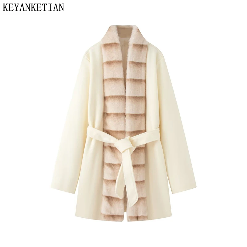 KEYANKETIAN Winter New Women's Clothing Temperament Socialite Style Imitation Fur fur Collar Medium Long Woolen Coat Women
