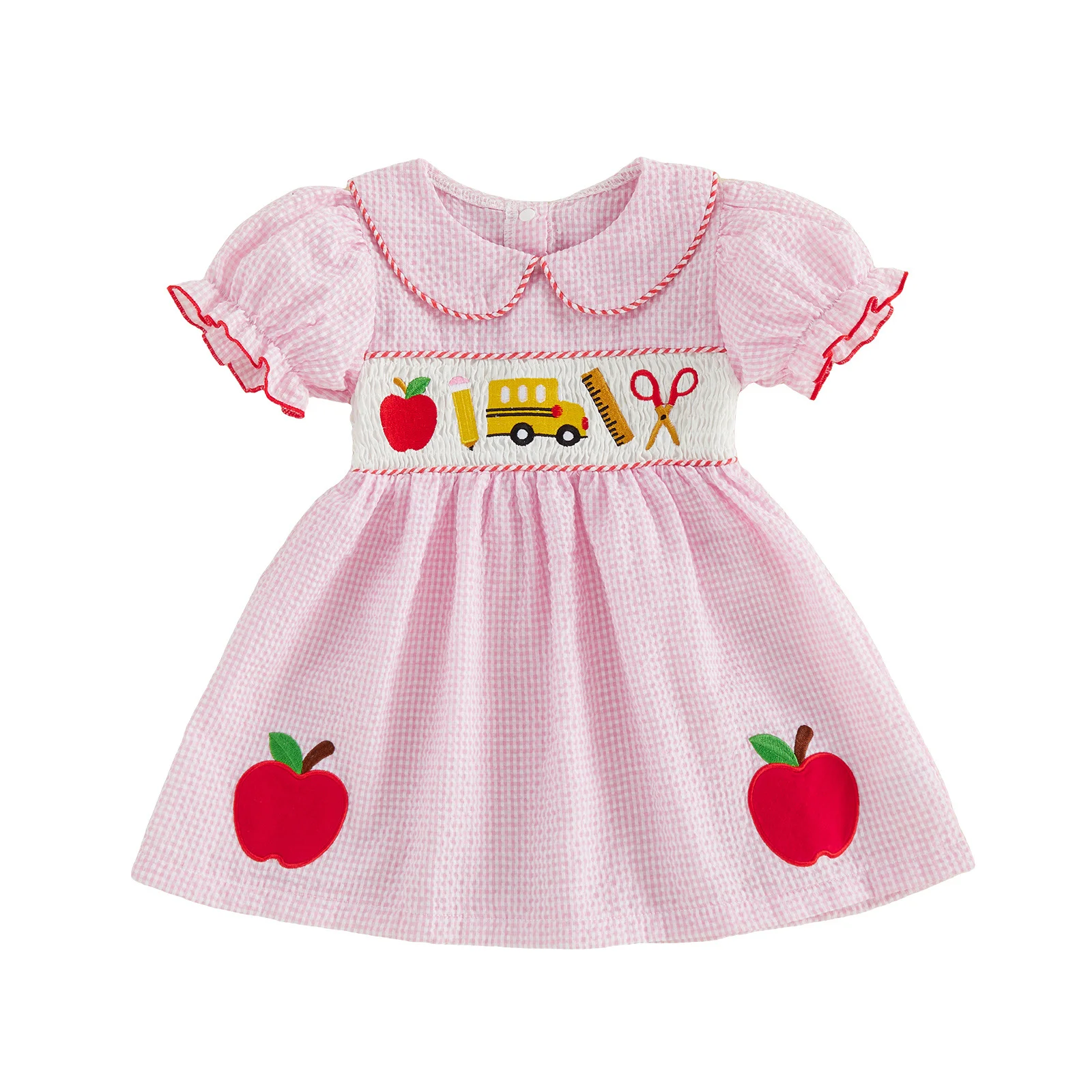 Back to School Series Embroidered Smock Style Seersucker Material Girls' Summer Short-Sleeve Knee-Length Boutique Dress RTS