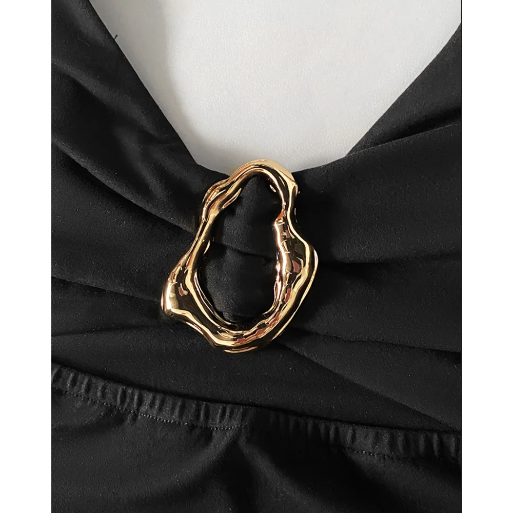 Femmes col en v Spaghetti sangle anneau en métal robe moulante haute fente froncé robe de soirée Sexy cordon découpé robe longue noire