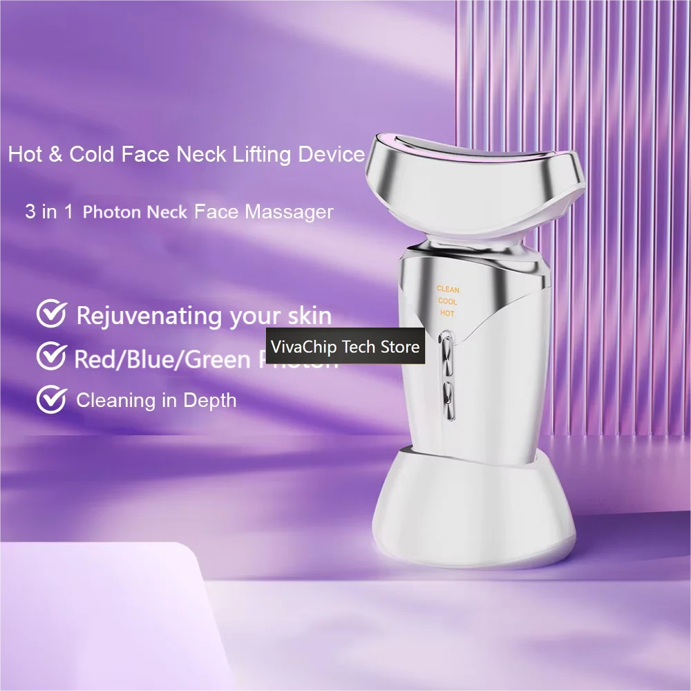 VivaCTUpgraded Hot Cool Face Neck Beauty Massager 3 In 1 LED Photon Facial Sculpting Skin Care Tool For Face Puffiness And Smoot
