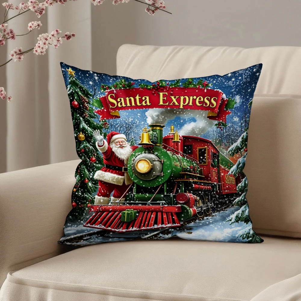 Square Throw Pillow Case Multicolor Santa Express Train Christmas Tree Snowy Winter Scene Print For Home Sofa Chair Bedroom Holi