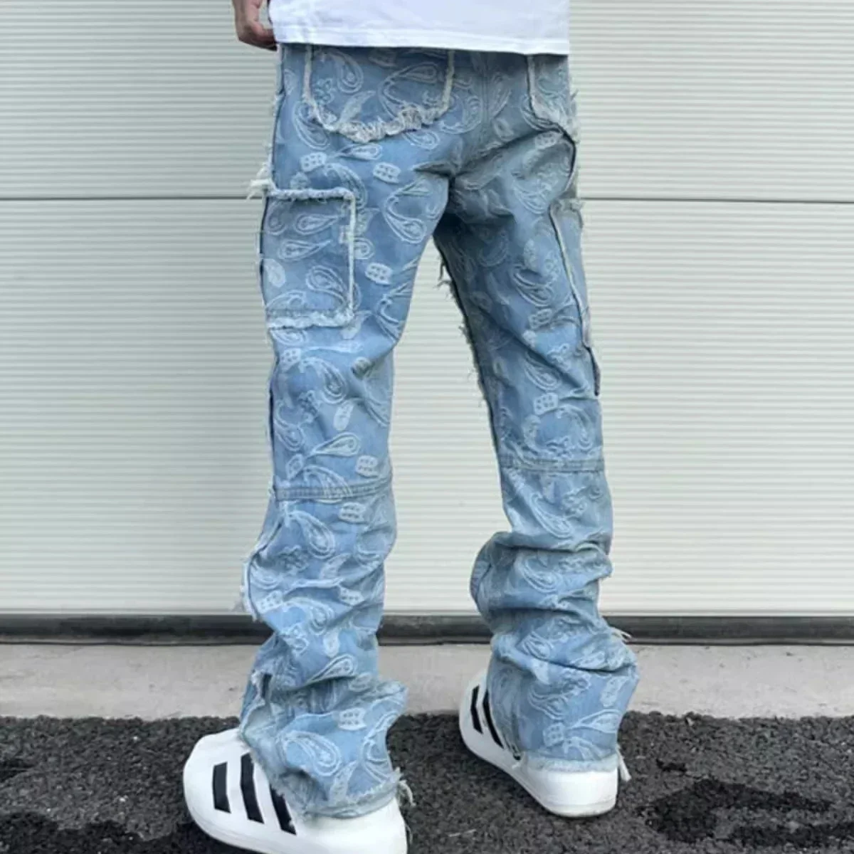 Y2k Frayed Urban Cashew Flower Full Print Patchwork Baggy Flare Jeans for Men Straight Pantalones Hombre Oversize Denim Trousers