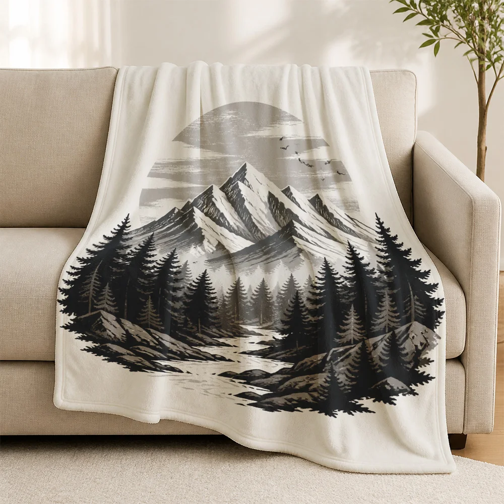 Bohemian Mountain View Throw Blanket for Sofa Couch Decor Boho Picnic Nature Print Rustic Forest Art Cozy Winter Warming Gift