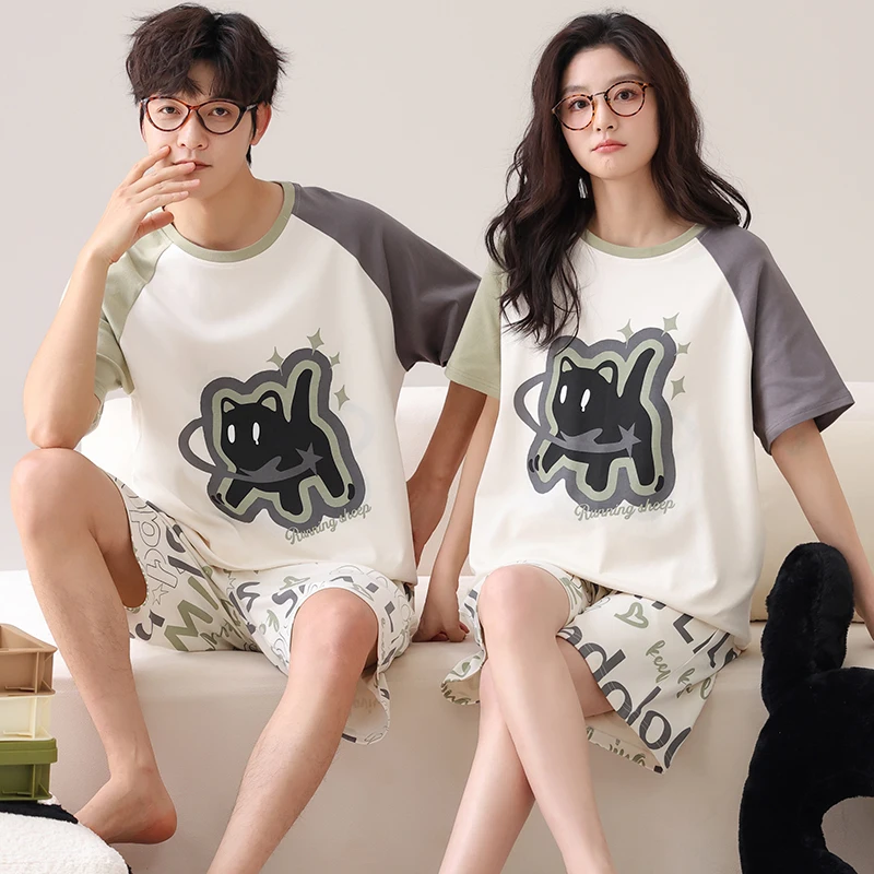

Summer Couple Pajama Set 100% Cotton Men And Women Casual Short Sleeve Pyjamas