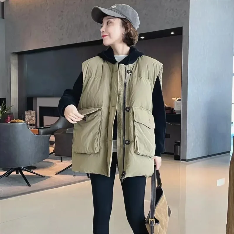 Winter Warm Down Cotton Vest Women Loose All-match Bodywarm Outerwear Vest Big Pocket Sleeveless Waistcoat Jacket Women