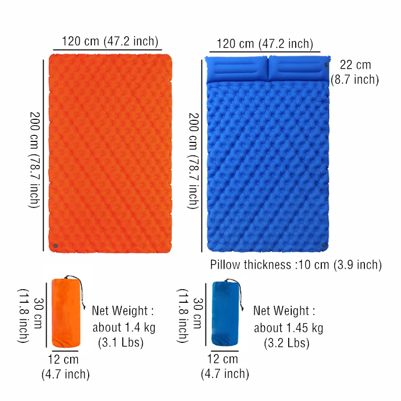 Outdoor Camping Sleeping Mat with Pillow Ultralight Inflatable Mattress Waterproof Pad Thick with Inflatable bag for 2 People