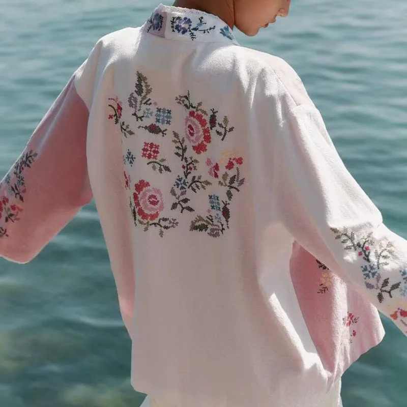 Nouveau femmes décontracté Faion coton brodé Long irt automne 2025 trajet Sle coupe ample régulière Sve longueur longue