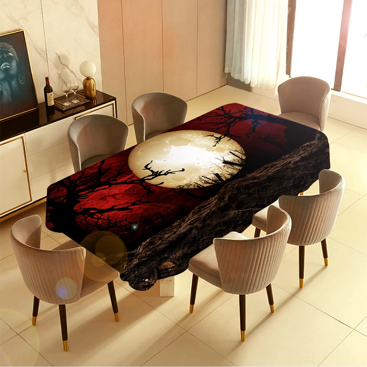 Full Moon Horror Cemetery Scarlet Sky Scary Halloween Night Illustration Dust Proof Tablecloth By Ho Me Lili For Tabletop Decor