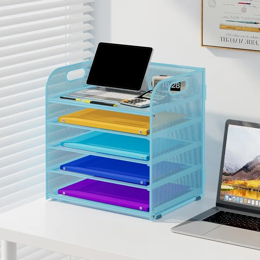 Organizzatore di carta a 5 livelli con maniglia per aula, scuola e ufficio, organizer da scrivania in rete metallica con cartella di archiviazione