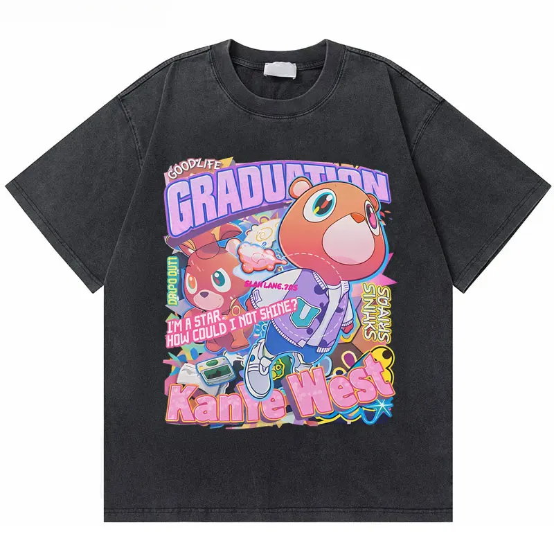 

Washed Vintage Rapper Kanye West Graduation Bear Graphic T-shirt Men Women Hip Hop Fashion Pop Music T Shirts Men's Streetwear
