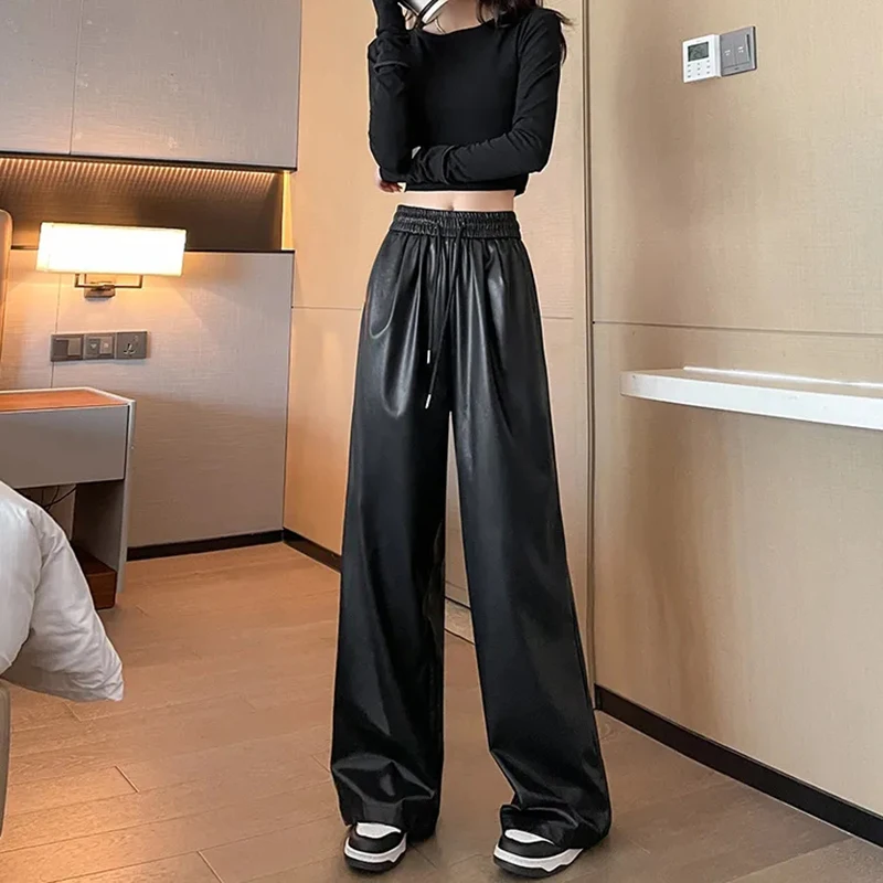 Y2K Vintage Pu Faux Leather Trousers Women Fall Wide Leg Pants Korean Drawstring High Waist Loose Pocket Solid Straight Bottoms