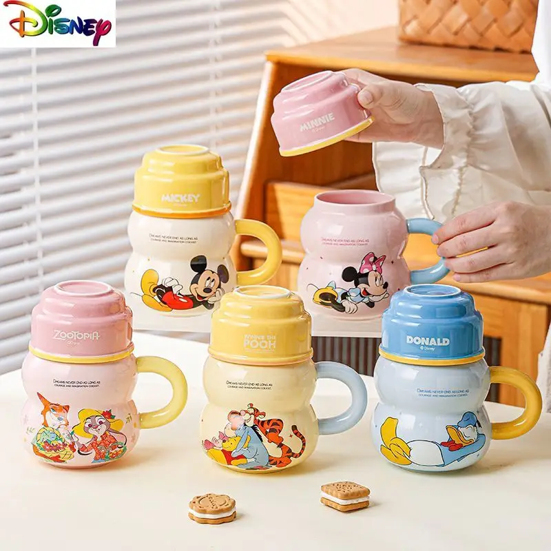 ディズニーの新しい蓋付きマグカップ、かわいい漫画のミッキーのドリンクカップ、家庭用クリエイティブな軽贅沢な立体セラミックコレクションカップ