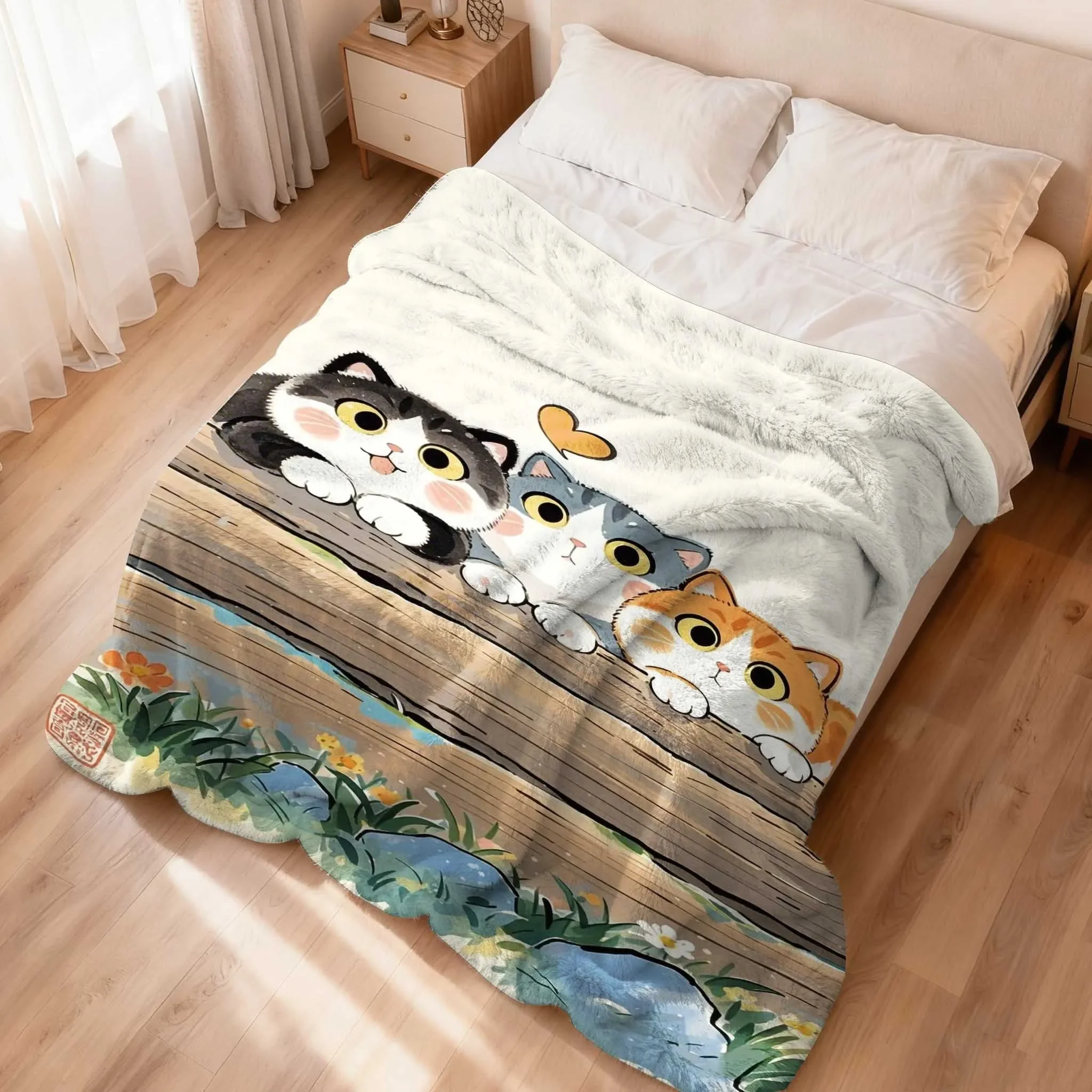 Large Cute Cat Friends Blanket Throw 150x230cm Cozy Cartoon Animal Print Aesthetic Bed Decor
