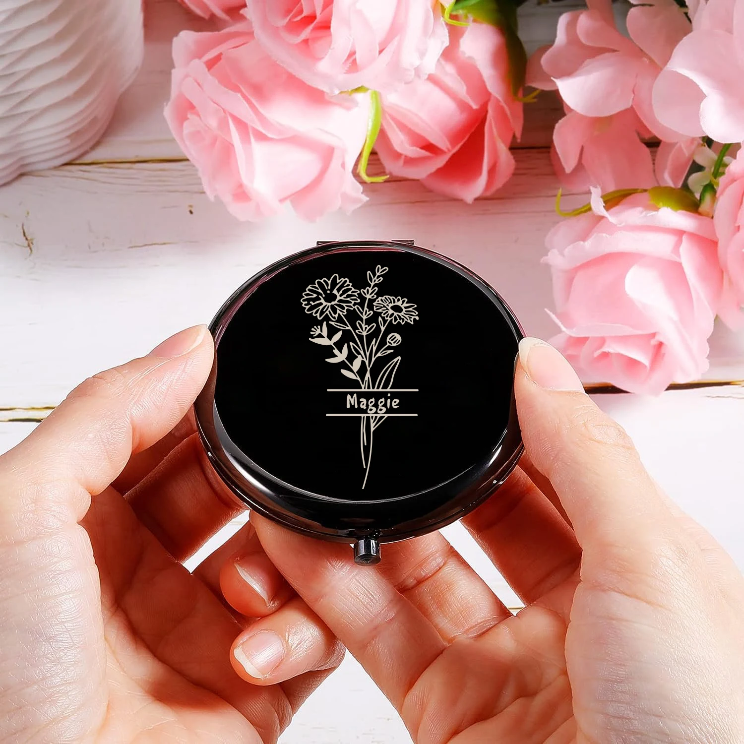 

1pc Feverfew creative Old Engraving Personalized Text Makeup Mirror Metal Sliver Party Gift