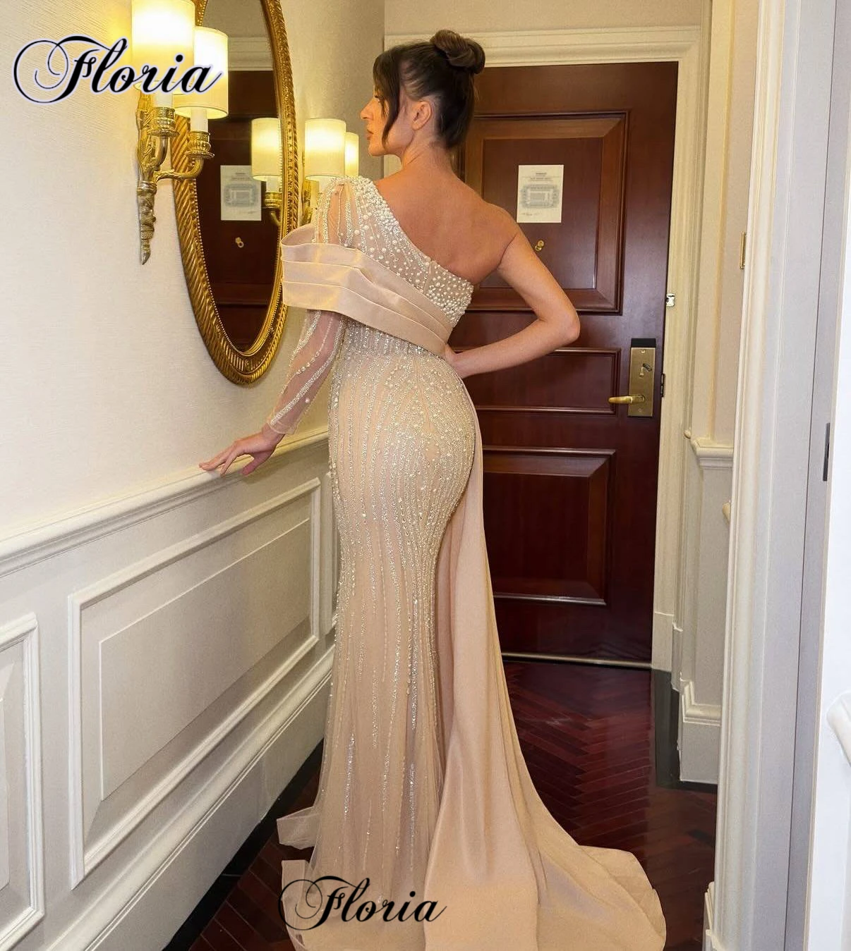 Simple Champagne Prom Dresses One Shoulder Cocktail Dresses With Pearls Engagement Gowns Elegant Vestidos De Noche Customized