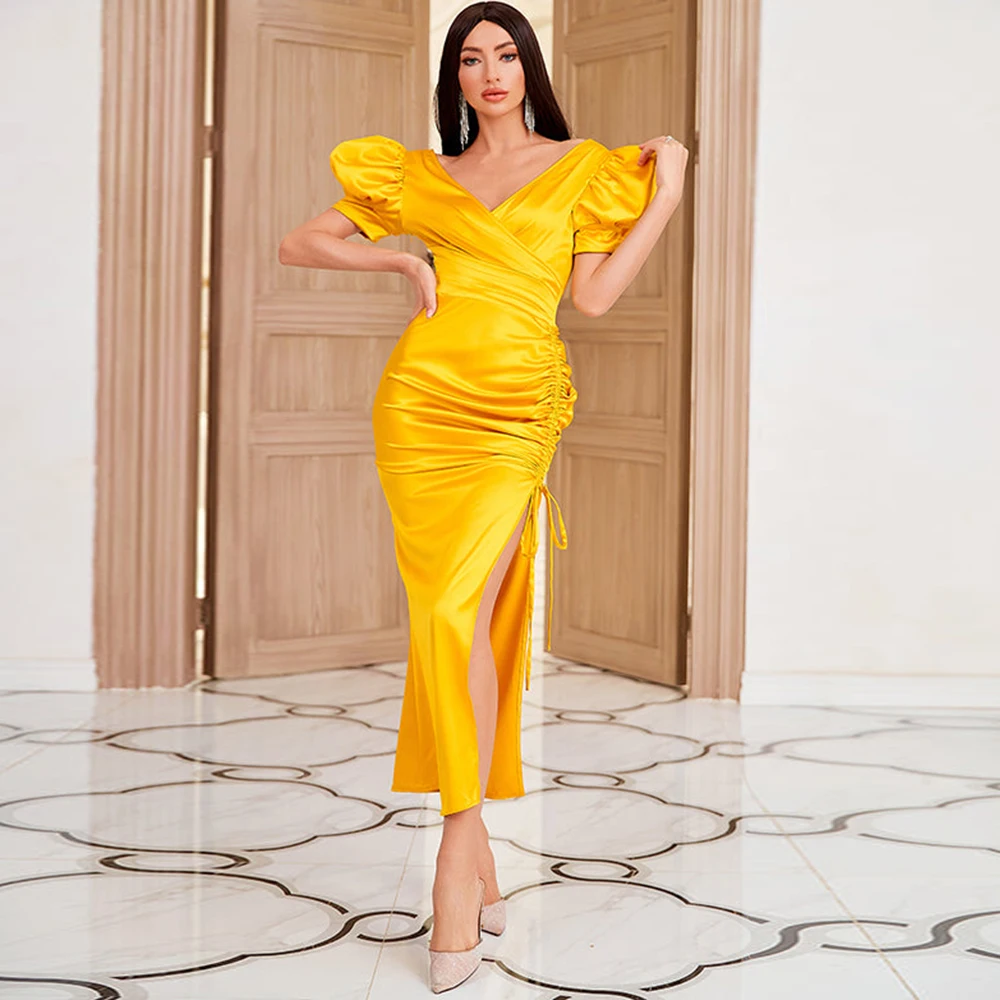 

Elegant Gold Cocktail Dress Simple V-Neck Puff Sleeve Mermaid Tea Length With Side Slit Party Dress Robe De Soirée Femme