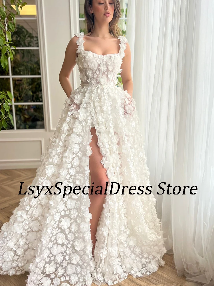 LSYX 2024 Vintage White Flowers Evening Dresses Square Collar Corset Prom Gowns Floor-Length Side Slit Women Vestidos De Noche