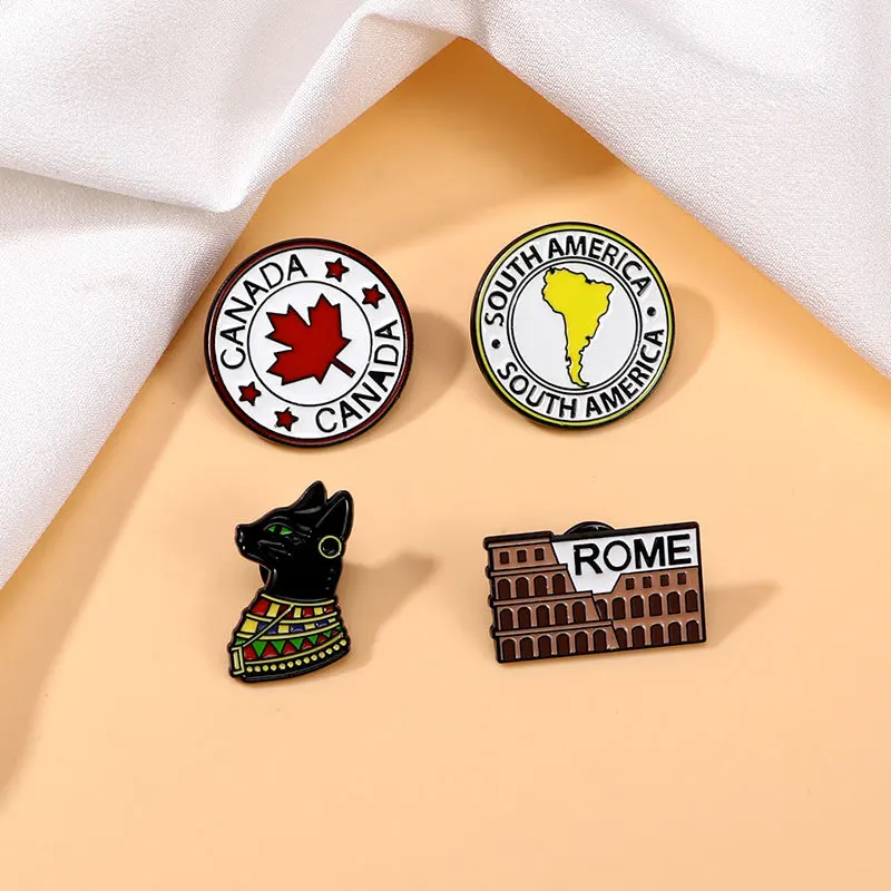 

Unisex Cartoon Canada South America Colosseum Enamel Pin Egypt Black Cat Brooch Badge DIY Clothes Bags Shoes Scarf Tshirt Jeans