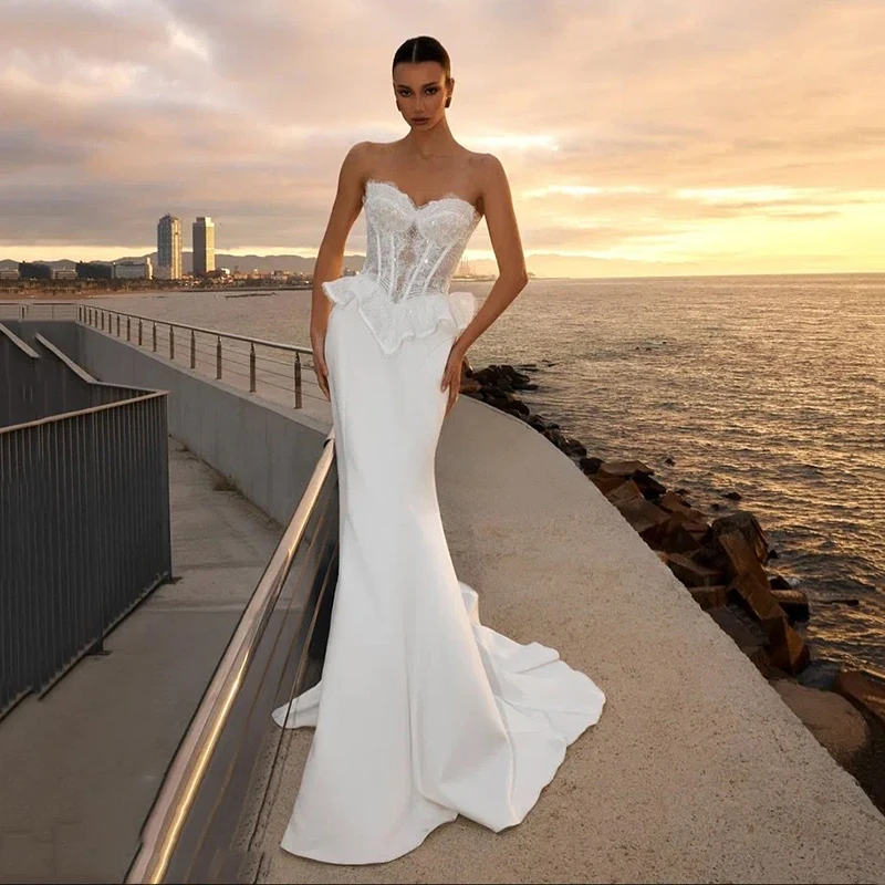 

Eightree Formal Mermaid Wedding Dresses White Sweetheart Lace Sleeveless Bridal Dress Formal Wedding Ball Prom Gown Customized