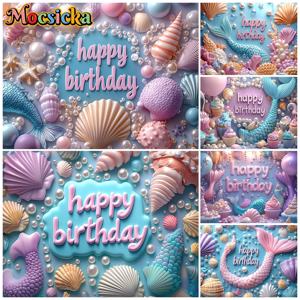 

Mocsicka Happy Birthday Photography Backdrop Baby Shower Cake Crush Background Shell Pearl Decor Party Supplies Kid Photo Studio