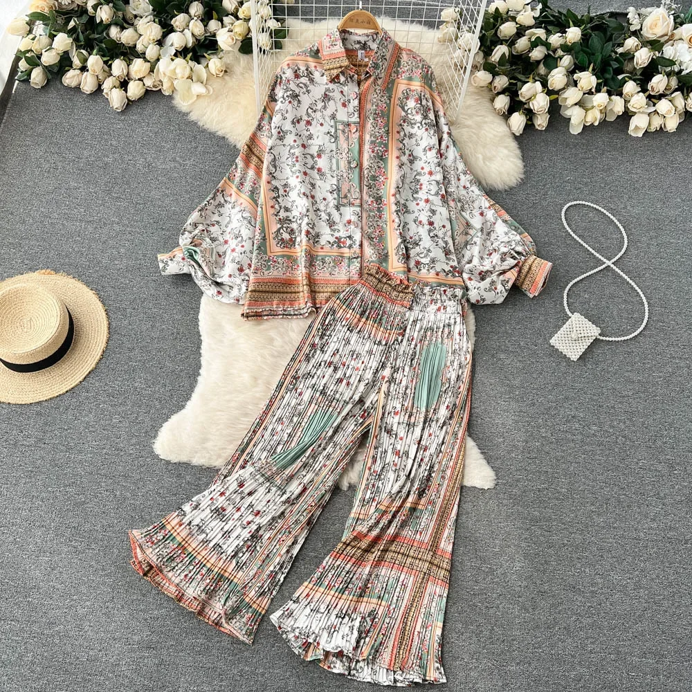 Fashion Women Pajamas 2-piece Sets Lantern Sleeve Printed Shirt Top + High Waist Casual Wide Leg Pants Two-piece Set Sleepwear