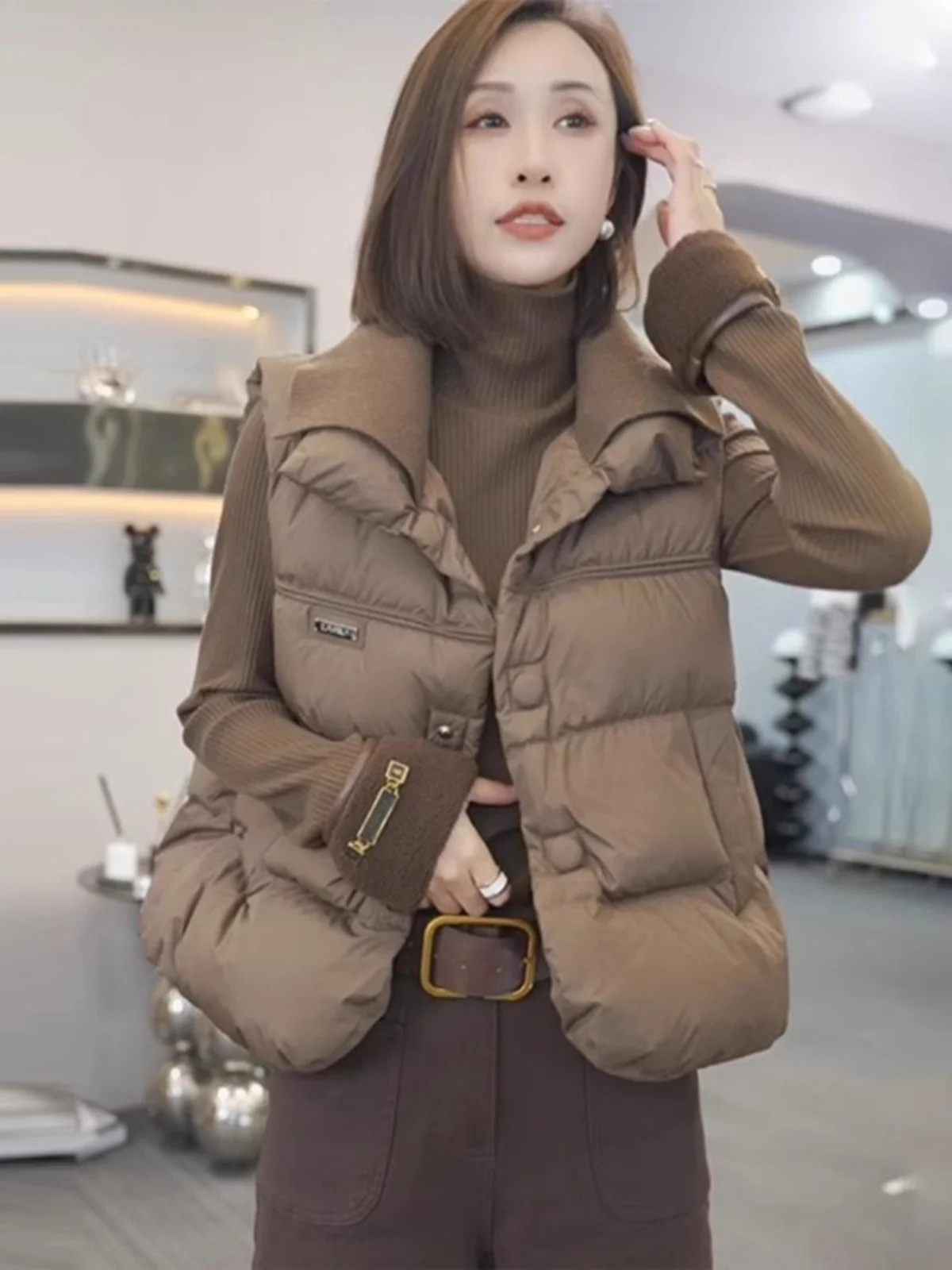 

Fashionable Loose Women's Cotton Vest Autumn Winter New Style Outerwear Trendy Short Jacket Thickened Commute Style Pure Color