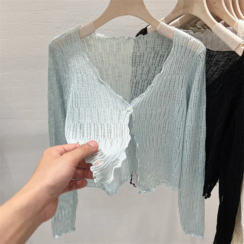 Summer Women Thin Sunscreen Cover Up Cardigan Lace-up Knitwear Tops Female Korean Long Sleeve Short Coat Casual Sun Protected