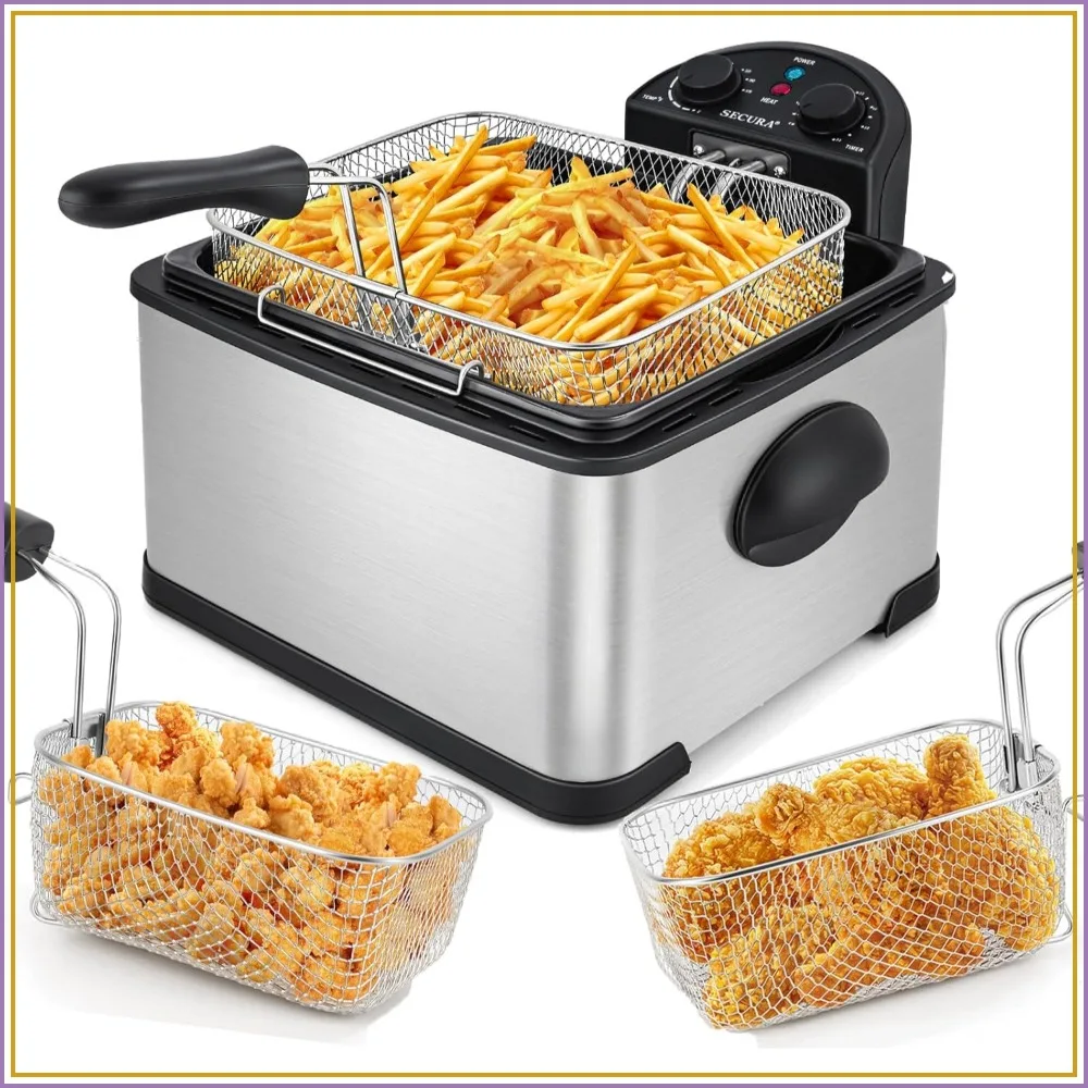

4L/17-Cup 1700W Electric Deep Fryer with Timer, Triple Basket, 4.5 Quarts, Silver